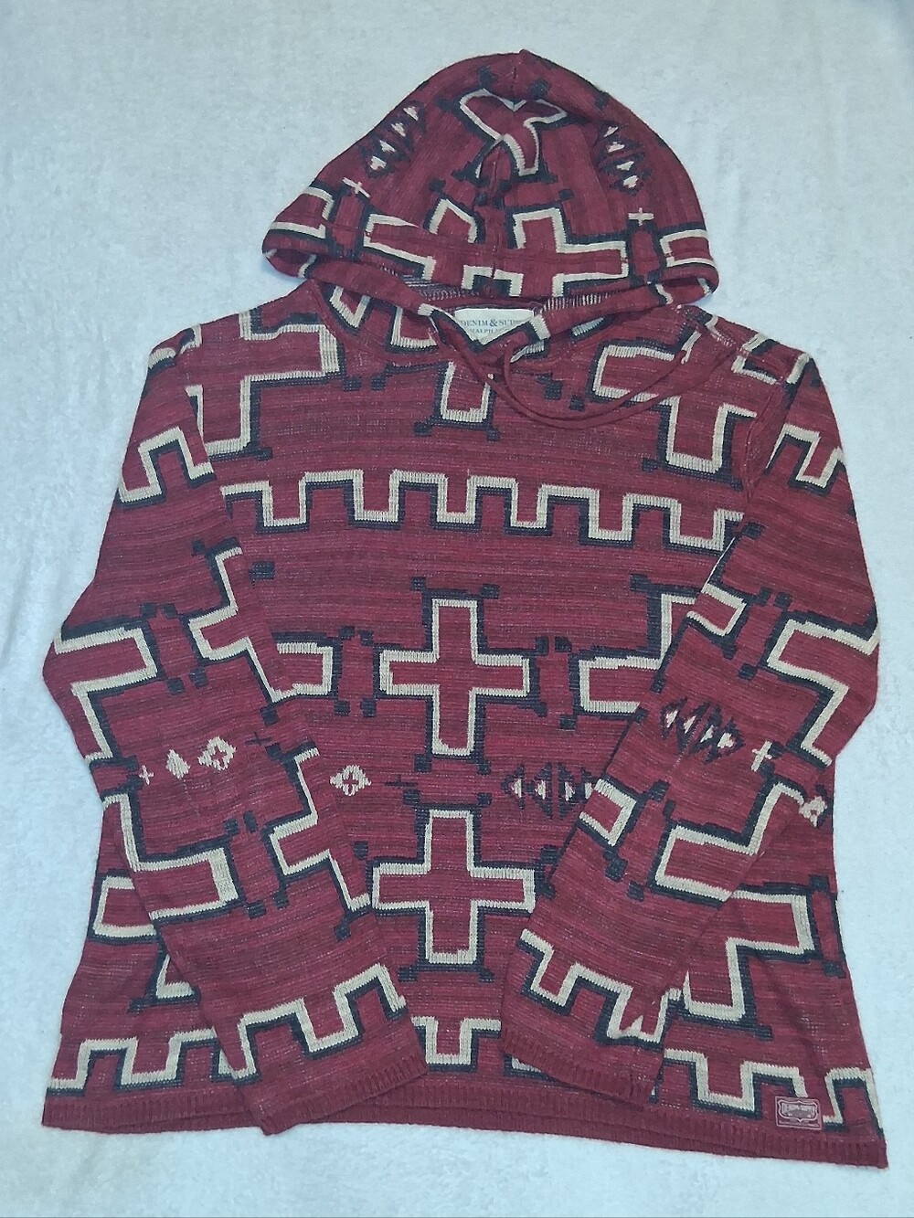 Denim & Supply Ralph Lauren Aztec Cross Knit Hoodie Sweater Red Burgundy Small S